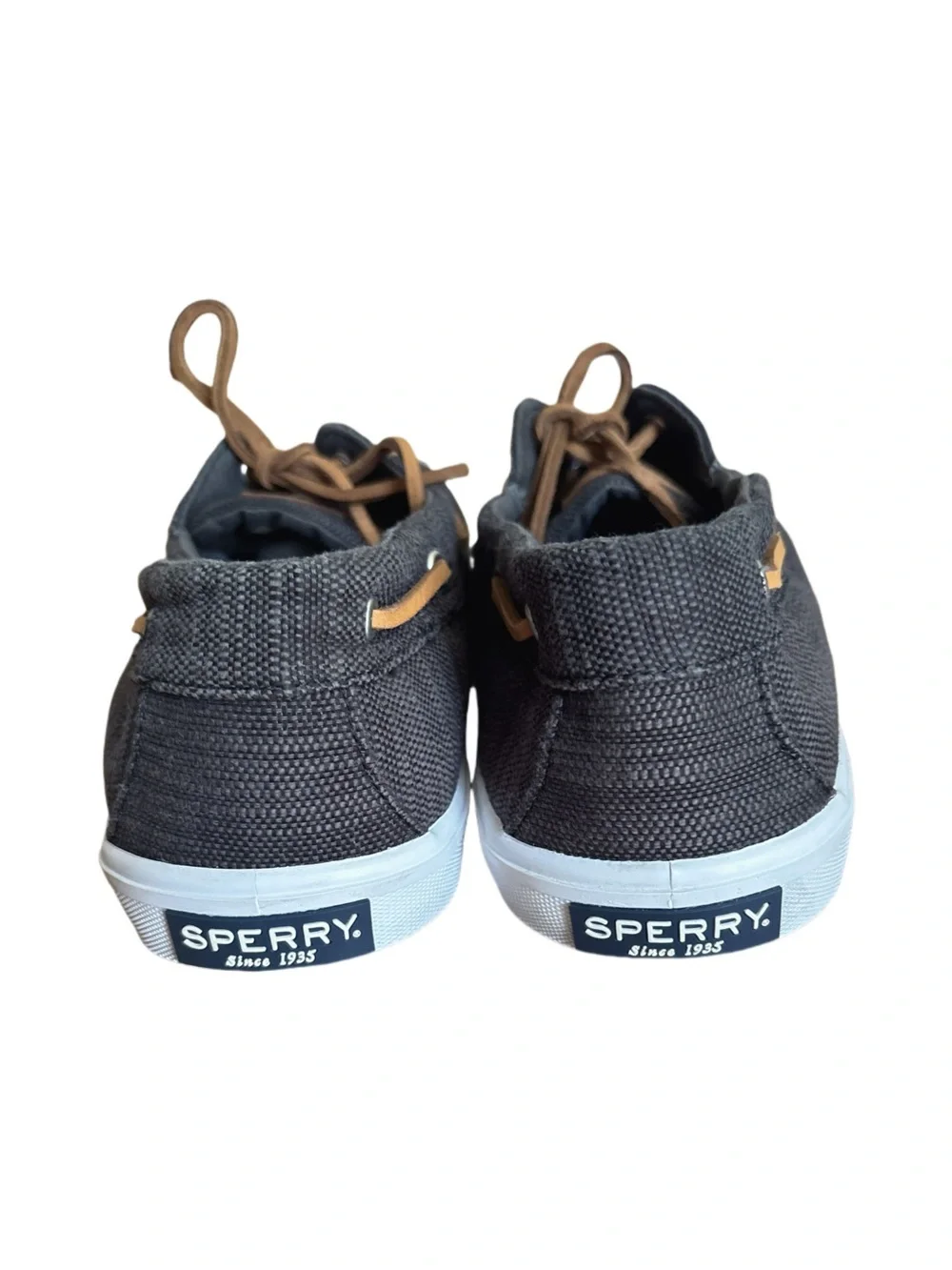 Sperry Men’s Topsider Canvas Boat Shoes Black Wash Brown Leather Laces Size 12